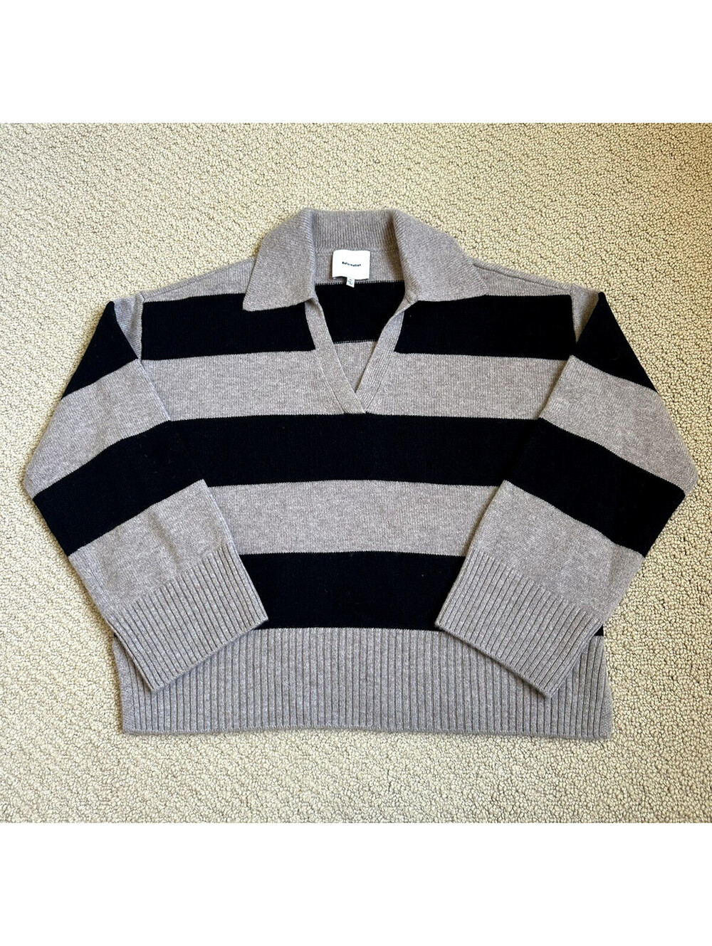 REFORMATION Cashmere Striped V-Neck Collared Pullover Sweater Beige/Black XS